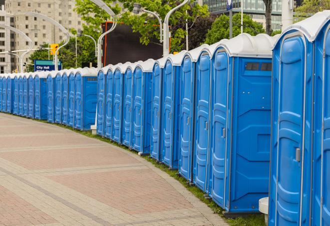 a line of portable restrooms at an outdoor wedding, catering to guests with style and comfort in Duvall, WA